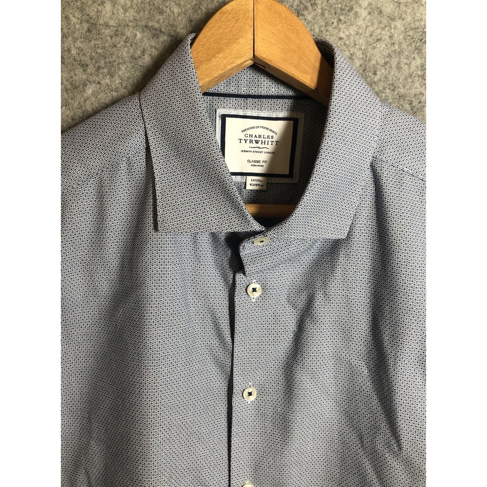 Charles Tyrwhitt Dress Shirt Mens 17-35 Blue Gingham Slim Fit Non-Iron Classic